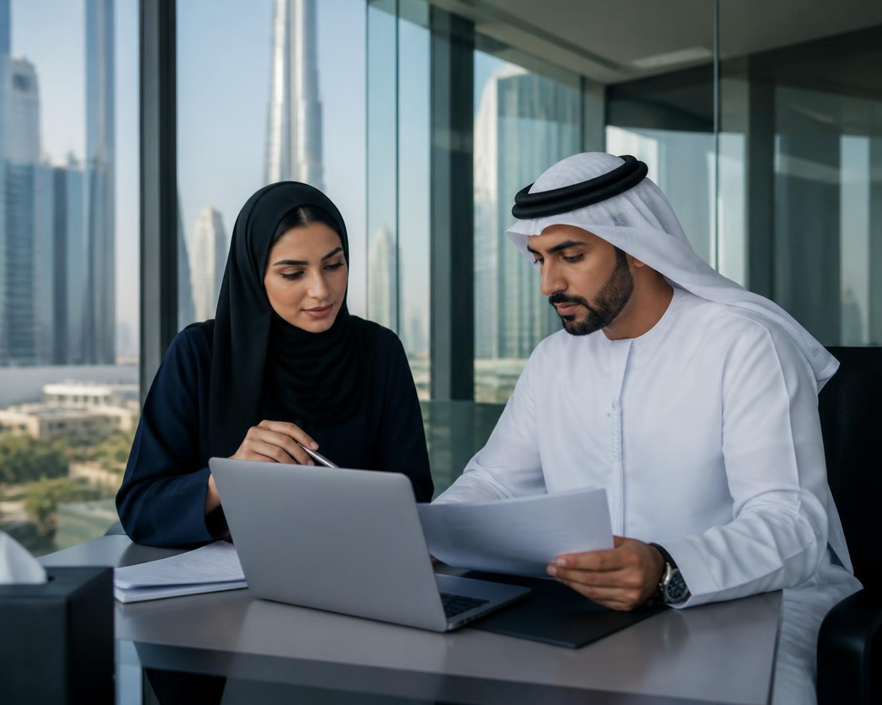 Business consultants reviewing company documents in a modern Doha office